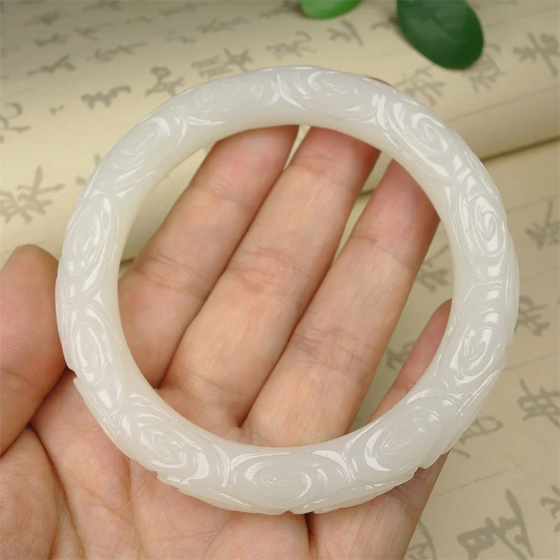 Send Certificate Natural White Jade Bangle Handcarved Exquisite