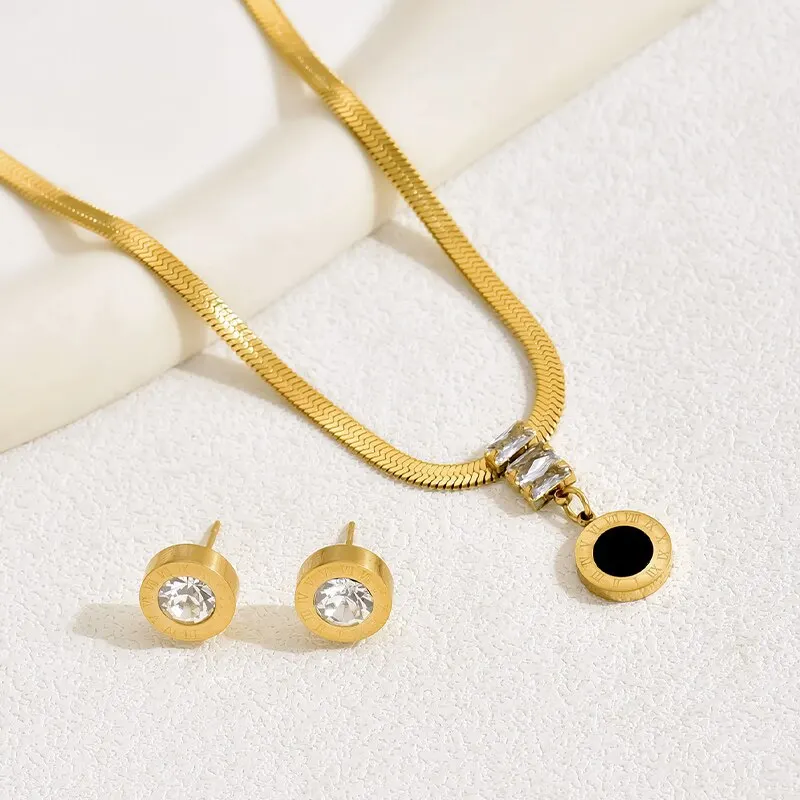 S1565e62ef271475c9e75e70e4d44efacp 2 Pcs Roman Numerals Pendant Earring Jewelry Set Gold Plated Snake Chain Bezel Set Crystal Stone Earrings Party Gift Mallzona