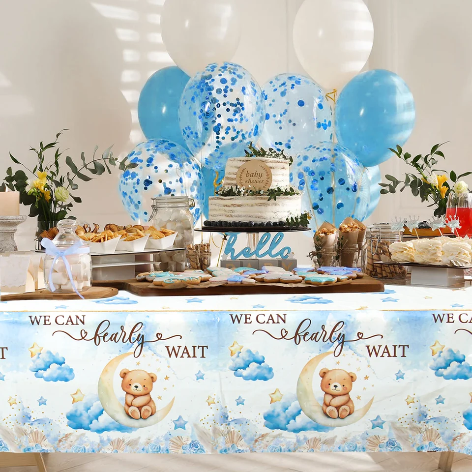 We Can Bear Wait Baby Shower Tablecloth Set - 3 Pack Teddy Bear Theme Plastic Table Covers, 54x87 Inch
