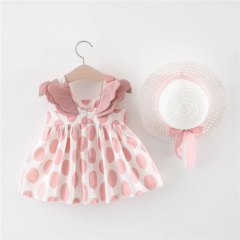Summer Newborn Baby Clothes Kids Girls Dress Korean Cute Dot Print Sleeveless Cotton Beach Dress+Sun Hat Princess Girls Dresses