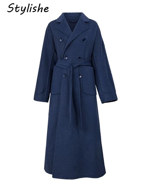 Stylishe Winter Long Coat Women Navy Blue Belt Faux Wool Office Oversized  Coats Autumn Korean Elegant Loose Black Female Parkas - AliExpress