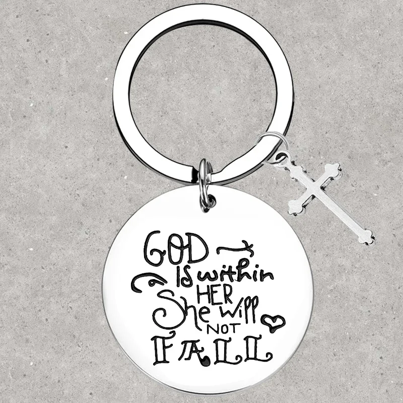 

Hot God is within her, she will not fall Keychain Bible Verse inspirational Gifts Key Rings motivational encouragement Gifts