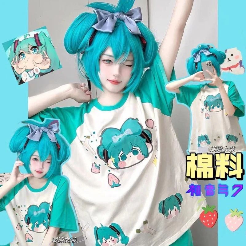 

Хацунэ Мику Мультфильм Креативный тренд двухмерная одежда cos озеро зеленый белый японский милый топ с коротким рукавом модный подарок