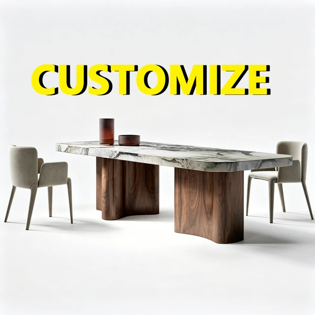 Table à manger en marbre naturel sur mesure, toutes tailles, extra longue, base en bois massif, haut de gamme, résistante aux rayures et aux taches, mobilier de salle à manger pour villa 1