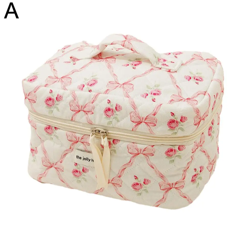 Women Cute Bow Flower Zipper Quilting Cotton Makeup Bag