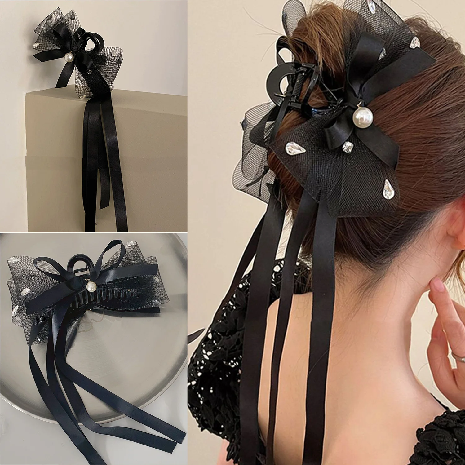 

Sweet Mesh Tulle Tassels Big Bow Hair Claw Clips For Women Elegant Black Bowknot Ponytail Clip Hair Clamp Headdress Accessories