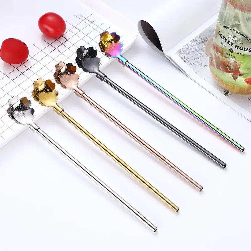 Cherry Blossom Stainless Steel Straw Spoon Set with Cleaning Brush - Ideal for Summer Drinks and Cocktails