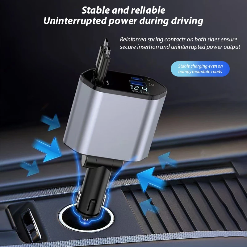 4 in 1 120W Car Charger Retractable Car Cigarette Lighter Adapter USB Type C Fast Charger Cable For IPhone Xiaomi Huawei Samsung