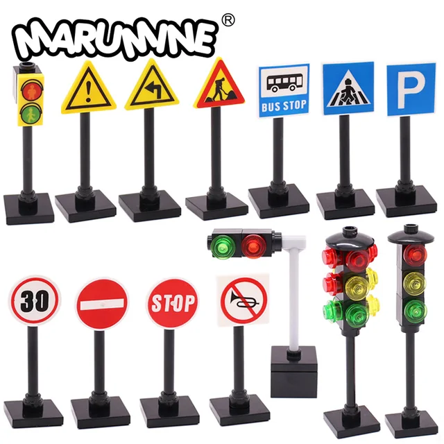 Marumine Traffic Road Sign Light Lamp Block Brick City Street View Accessories Signpost Barrier Speed Limit Indicator Warning 1