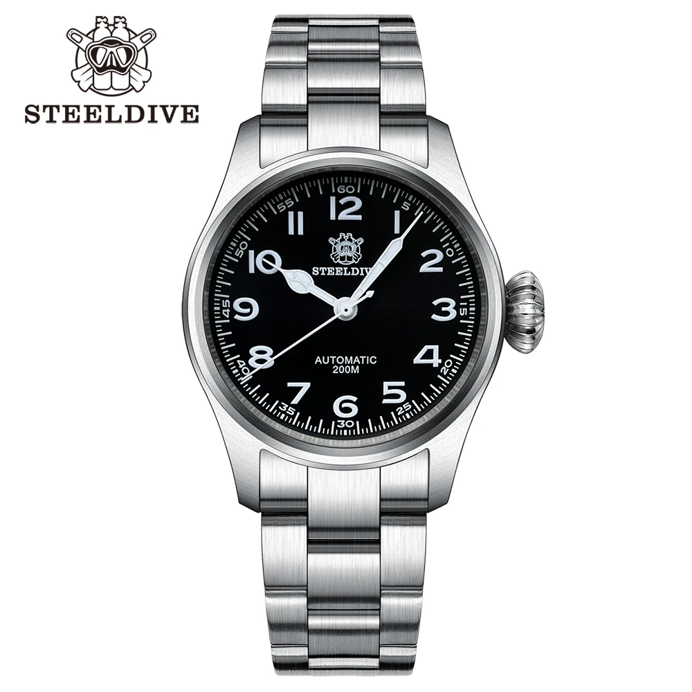 Sd 1928M Steeldive Merk 39Mm Saffier Glas Zwart Wijzerplaat Roestvrij Staal Band 200M Waterdicht Nh35 Automatisch Duikhorloge Voor Mannen