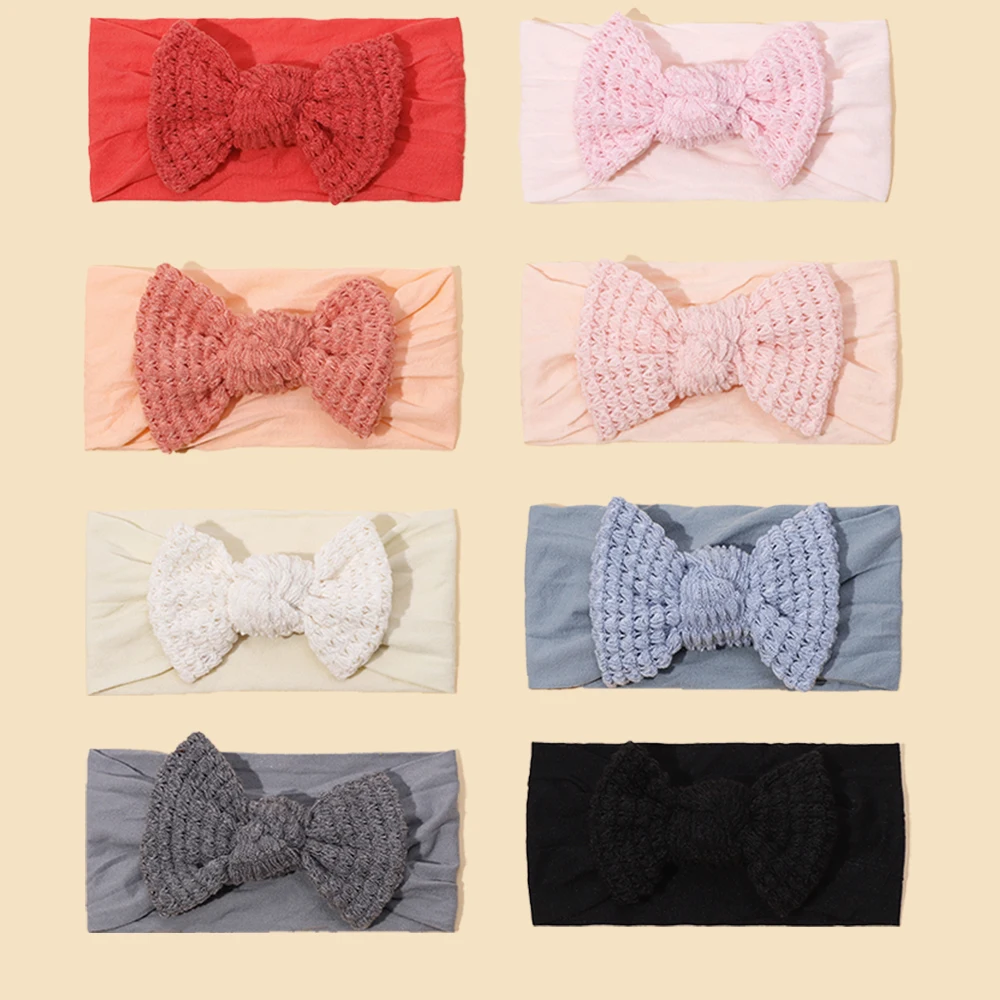 Solid Waffle Fabric Bow Headband Newborn Baby Girls Nylon Headband Toddler Photo Props headwear Infant Turban Kid Headwear 24pc lot solid cable knit nylon headband baby ribbed bow nylon girls head wraps infant turban newborn photo props gifts headwear