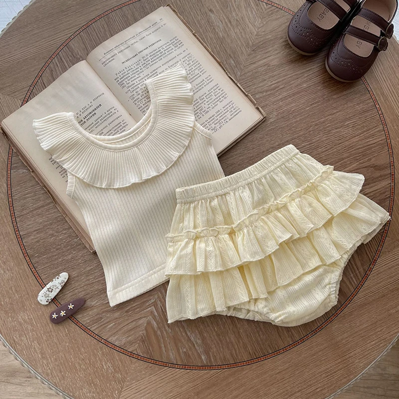 Summer Baby Girl Sleeveless Ruffled Tee and Shorts Set