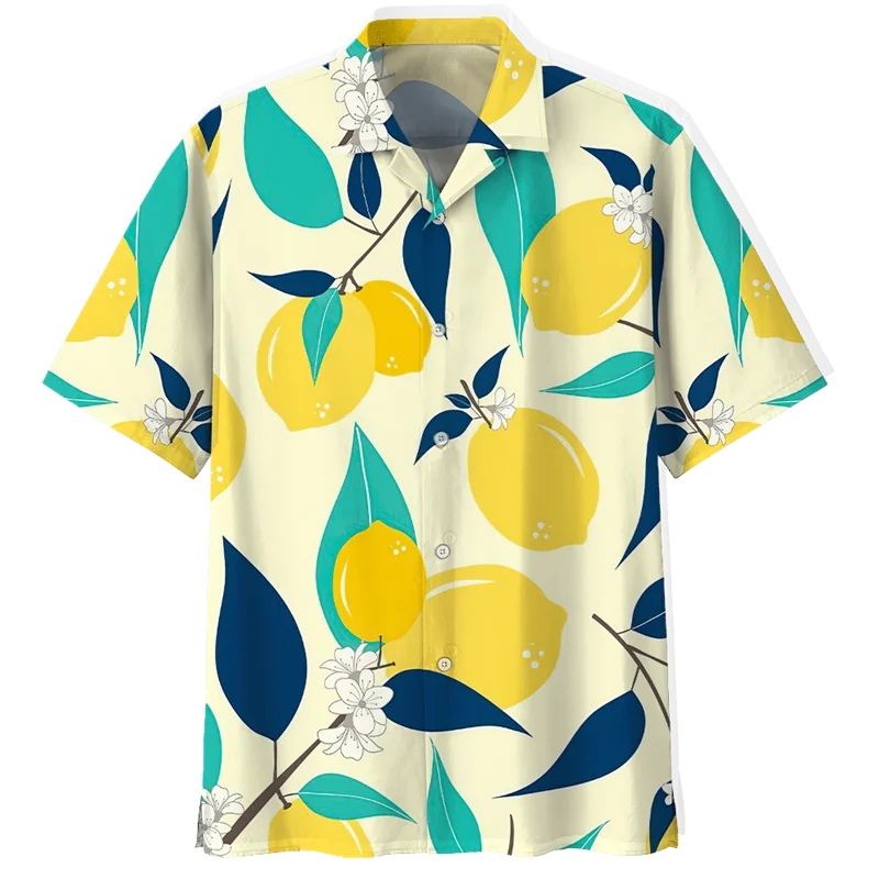 thumbnail image 1 of Camisas hawaianas con estampado de limón para hombre, blusa con botones de manga corta y estampado 3D de frutas tropicales, camisa hawaiana de solapa de gran tamaño, 1 of 5