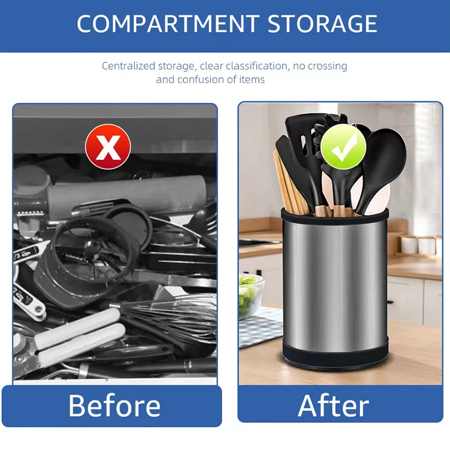 1PC rotatable stainless steel silica gel storage barrel kitchen storage rack spatula spoon tableware kitchenware storage 4
