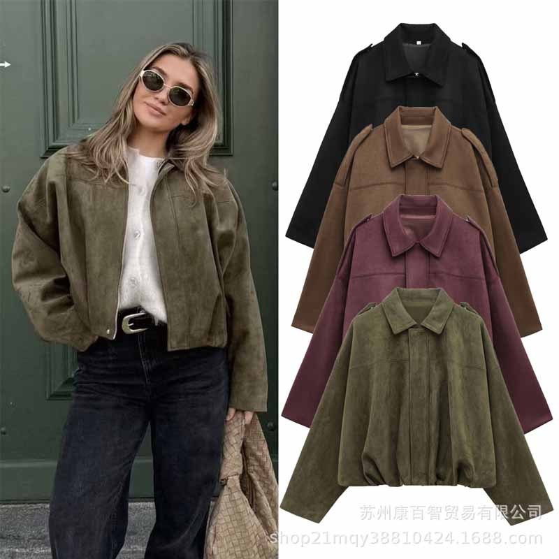 2025  Spring new women's suede texture effect Loose version of fashion lapel shoulder bomber jacket