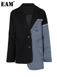[EAM]  Women Blue Denim Irregular Casual Blazer New Lapel Long Sleeve Loose Fit Jacket Fashion Tide Spring Autumn 2024 1DH533905