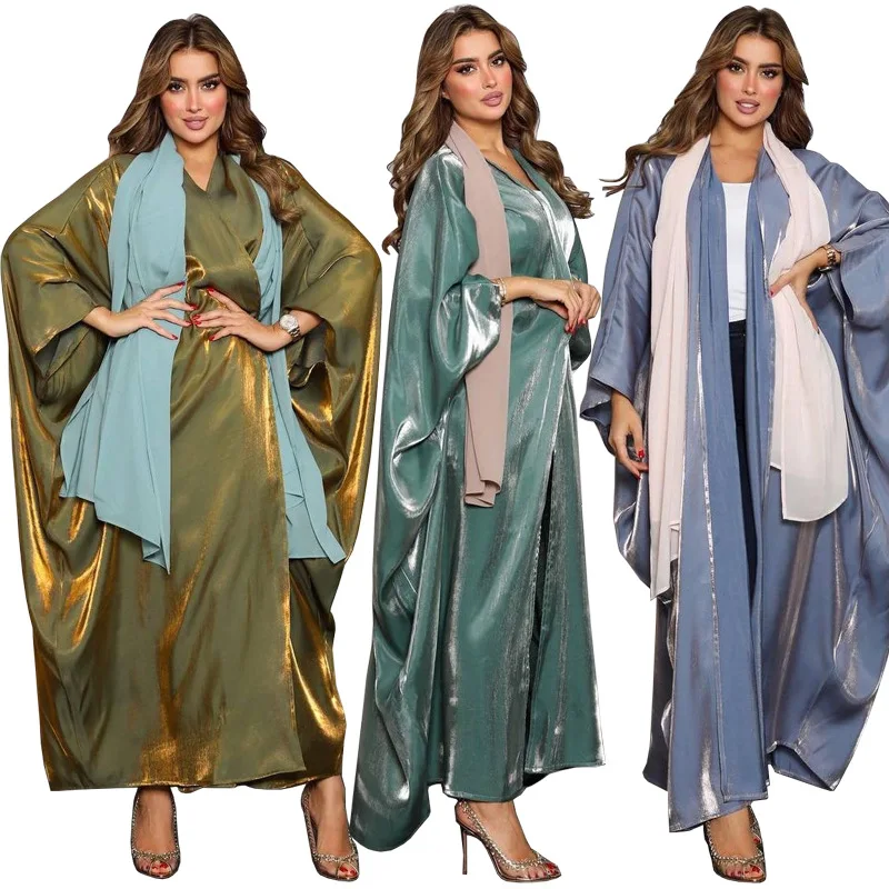 Middle Eastern Moderst Muslim Fashion Bright Silk Satin Solid Bat Sleeve Robe European and American Large Women's Clothing