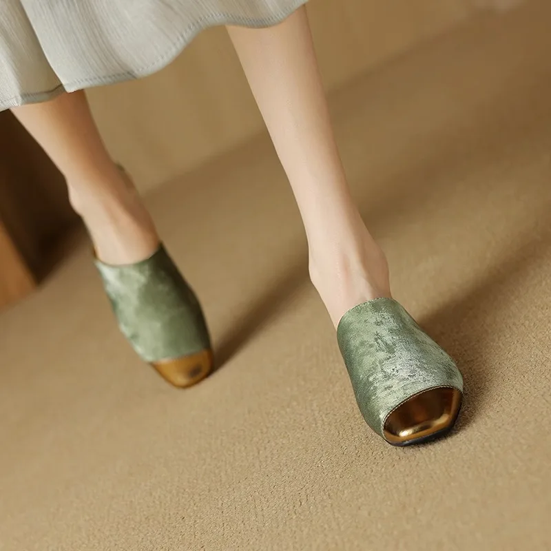 Women's Flat Bottom Real Leather Sandals Summer New Thick Heel Cap Toe Half Slip Cool Mule Shoes Slip-On Casual Flats - 2