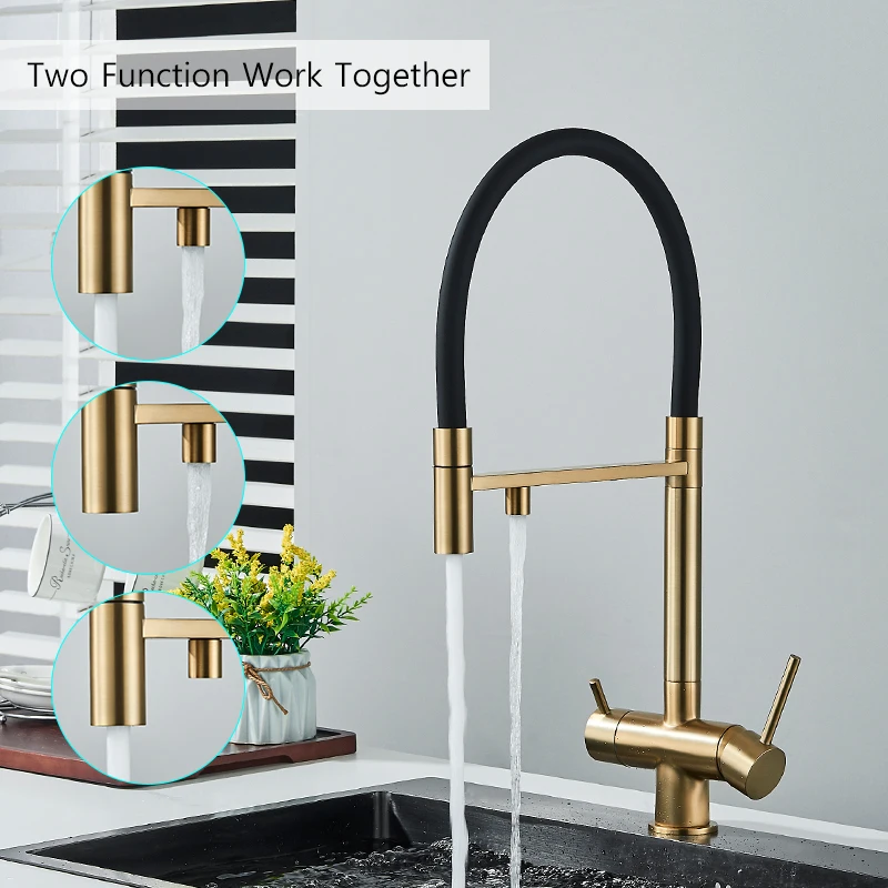 Description Picture 6 of itemPured Water Kitchen Faucet Dual Handle Deck Mount Brass Taps Filtered Water Mixer Tap 360 Rotate Pull Down Flexible Pipe Mixers