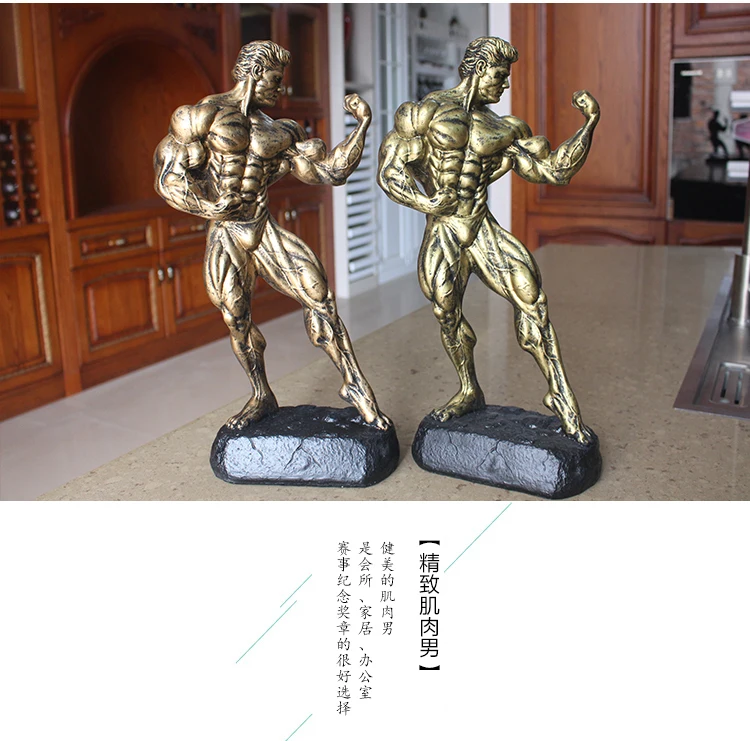 Fitness muscle man sets up bodybuilding sports competition trophies