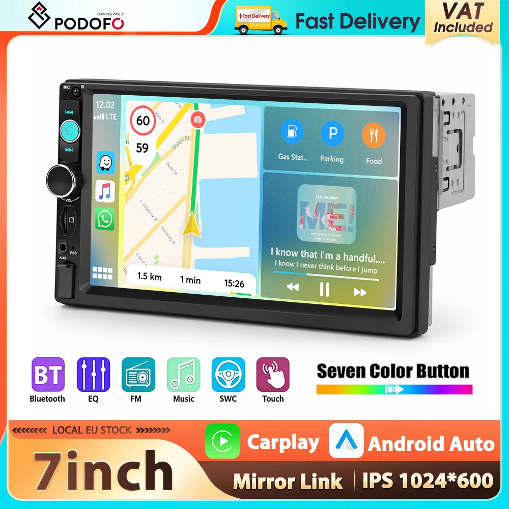 Lecteur multimédia de voiture Podofo avec écran IPS de 7 pouces, universel 1Din, radio MP5, CarPlay sans fil, Android Auto, Bluetooth, FM, USB, EQ, AUX, autoradio 1