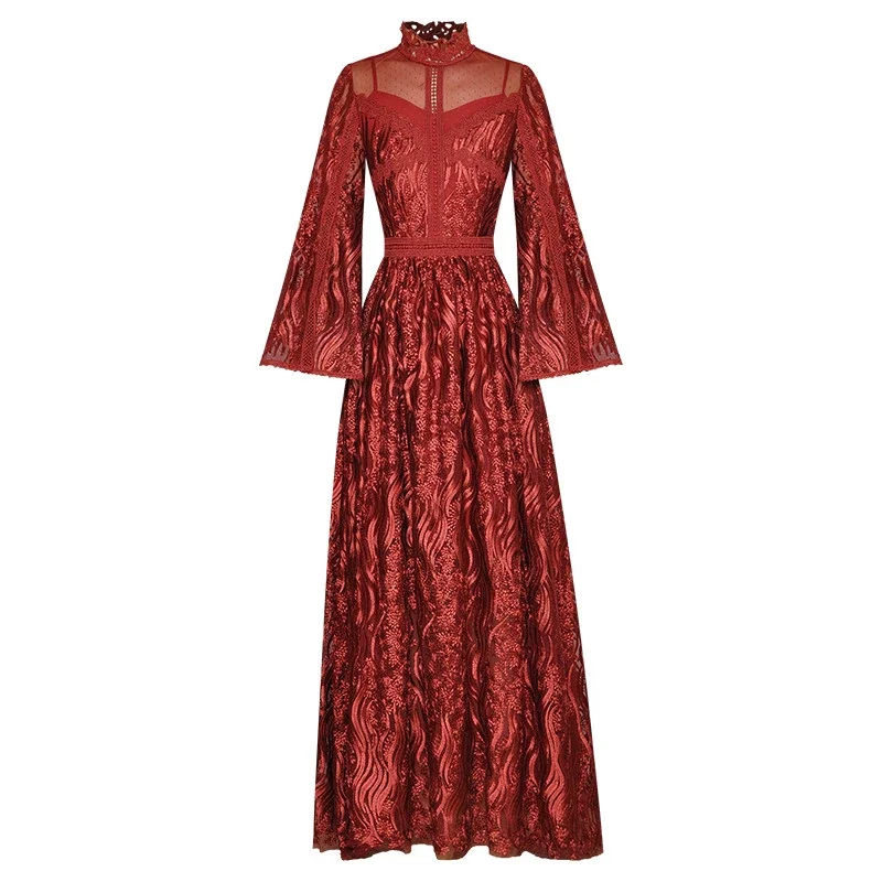 

2023 New Fashion Runway Autumn Women's Stand Collar Flare Sleeve Embroidery Mesh Red Maxi Party Dresses