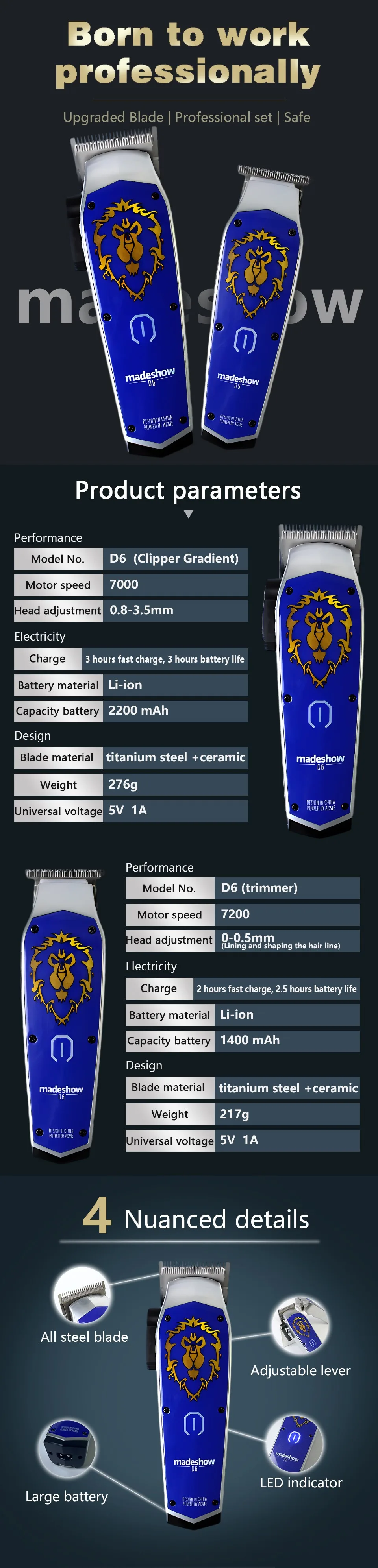 Description Picture 2 of itemMADESHOW D6 D3 D0 Hair Clippers kit ,Professional Barber Clippers & Trimmer Set,Cordless Hair Clippers for Barbers Haircut Kit