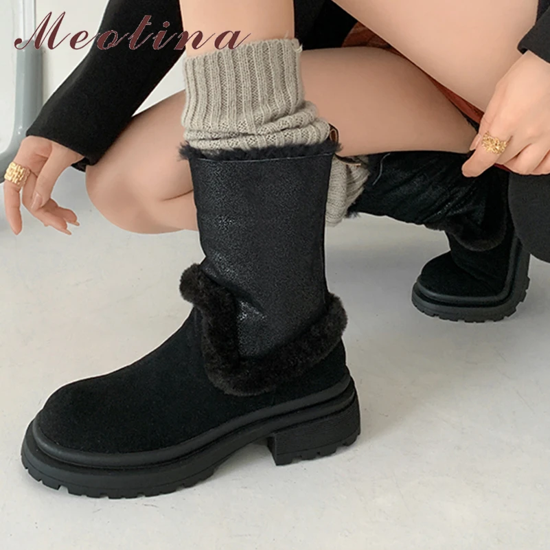

Meotina Women Genuine Leather Ankle Short Boots Round Toe Platform Block High Heels Wool Snow Boots Lady Fashion Shoes Winter 40