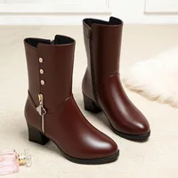 Winter Padded Cotton Shoes Women Plush Soft Leather Long Boot Warm High-heel Fur High Knee Riding Mid-heel Boots Comfortable - Image 3