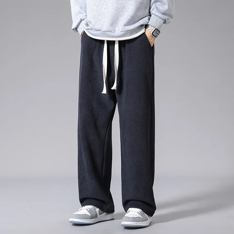 Autumn and Winter Men's New Corduroy Fashion Splice Elastic Waist Drawstring Pocket Solid Color Loose Sports Casual Pants