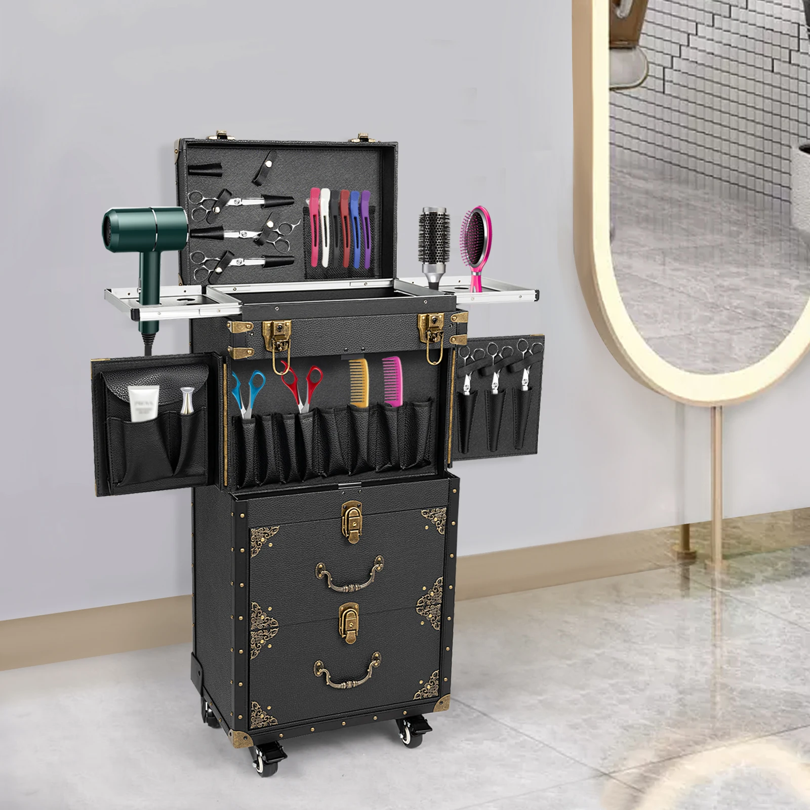 Rolling Makeup Case with Lock Hairdressing Trolley Luggage Stylist