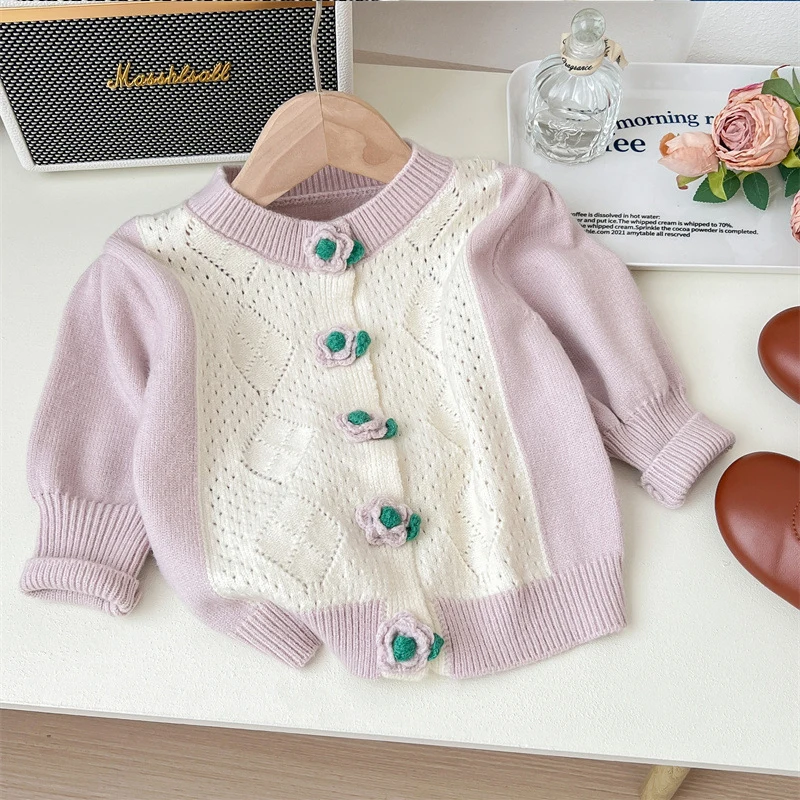 

Korean Spring Autumn Cotton Cute Beautiful Flower Knitting Vintage Sweater Cardigan Outdoor Clothes For Children From 3 To 8