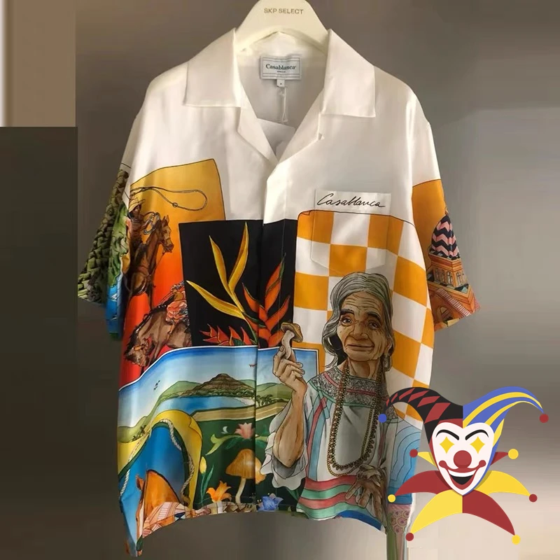 

Orange Silk Casablanca Shirts Men Women Portrait Printing Hawaii Beach Shirt