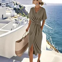 Robes pour femmes 2026 nouvelle mode couleur unie enroulée à lacets col en V fendue nouée mi-mollet vêtements pour femmes vestidos 4