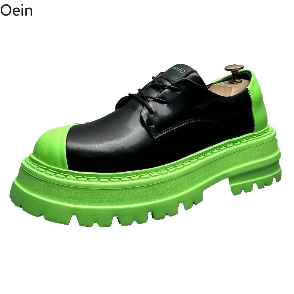 Mens Round Toe Genuine Leather Wingtips Platform Lace Up Chunky Heel Derby Shoes British Styles