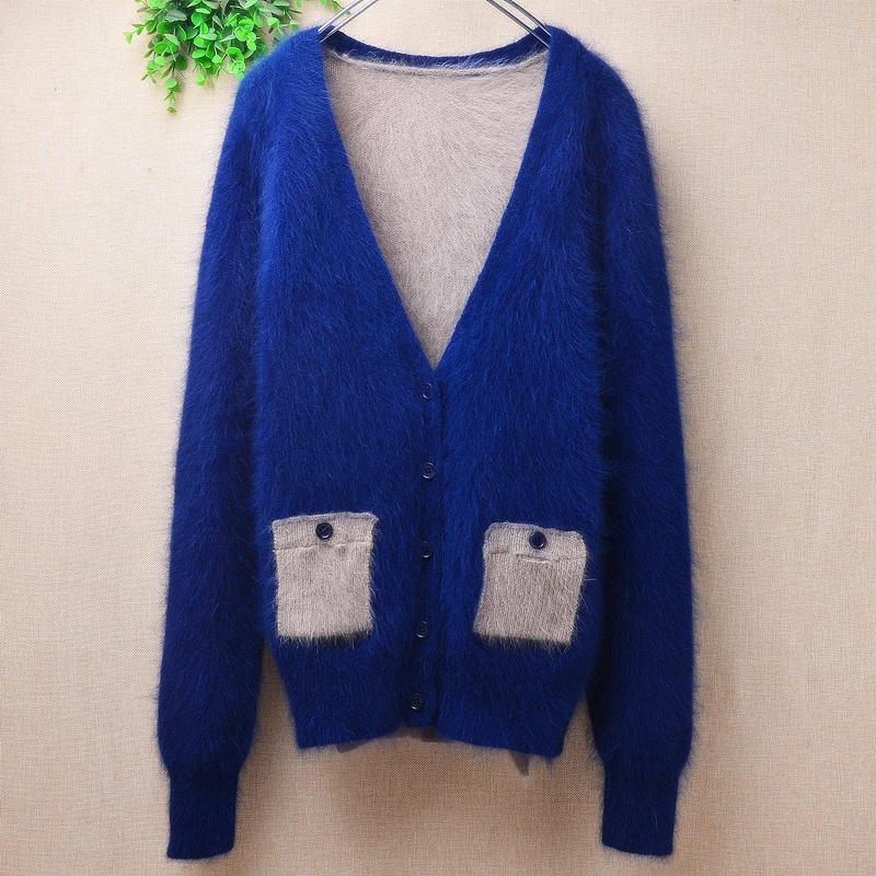

04 Ladies Women Fall Winter Clothing Colored Blue Hairy Angora Rabbit Hair Knitted V-Neck Slim Cardigans Jacket Sweater Coat Top