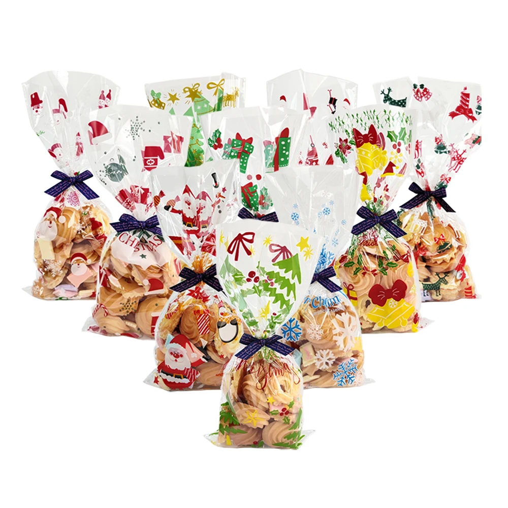 50Pcs Christmas Gift Bag Transparent Plastic Bags Presents Candies Cookies Xmas Home Store Sale Gift Cookies Wrapping Bags