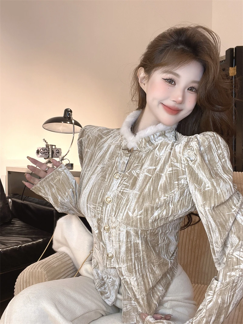 

Retro semi-high-necked long-sleeved shirt design sense slim top cardigan shirt