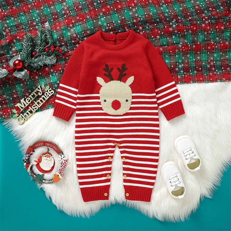 

Baby Girls Boys Sweater Rompers Christmas Clothes Deer Pattern Stripe Crew Neck Long Sleeve Toddler Fall Bodysuits