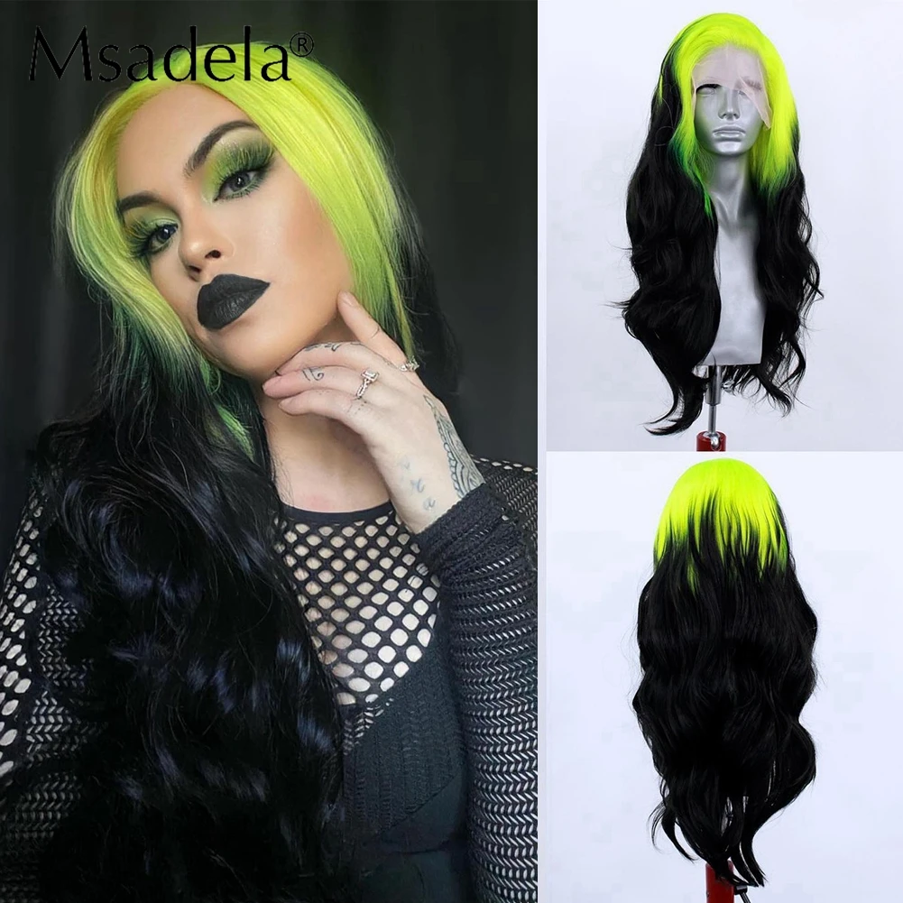 Ombre Green Body Wave Drag Queen 13X4 Lace Front Wig Transparent Platinum Blonde Color Synthetic Cosplay Wigs For Black Women