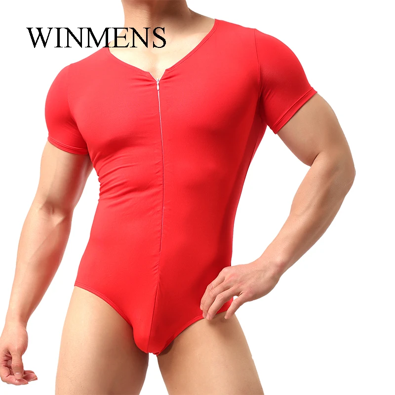 Adult Men's V-neck Modal Jumpsuit Solid Short Sleeve Zipper Bodysuit Male One Piece Close-fitting Pajamas Home Lounge Wear