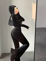 WOMENGAGA Fashion Black Velvet Slim Hooded Zipper Long Sleeve Flare Pants Jumpsuit Rompers Korean Sexy Hot Tops 2022 9P64 - Image 2
