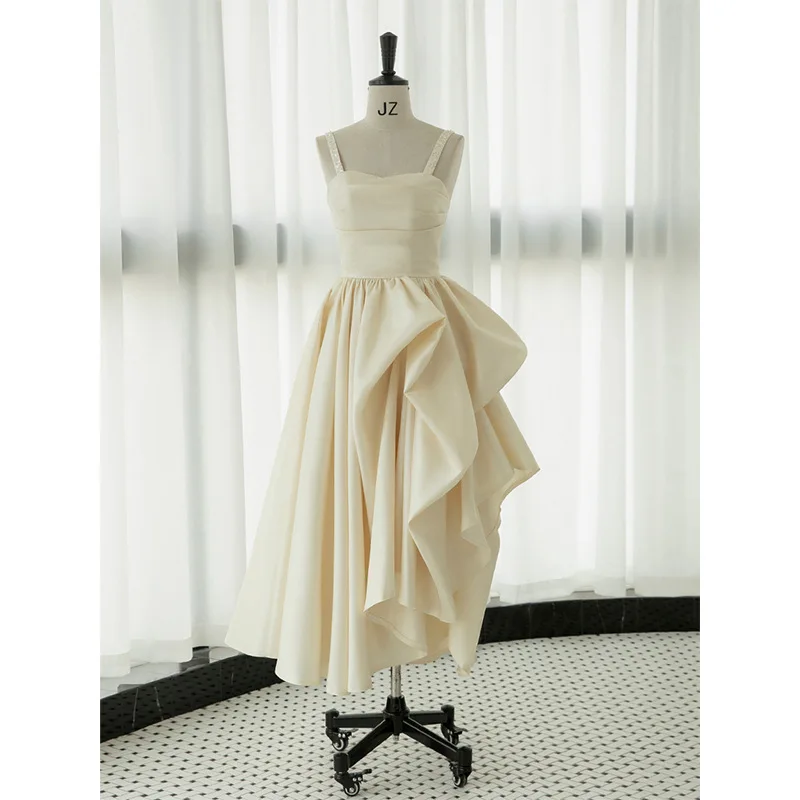 

French Camisole Dress, Wedding Morning Gown, Banquet Evening Dress, Irregular Skirt Hem, Backless Dress for Travel Photography