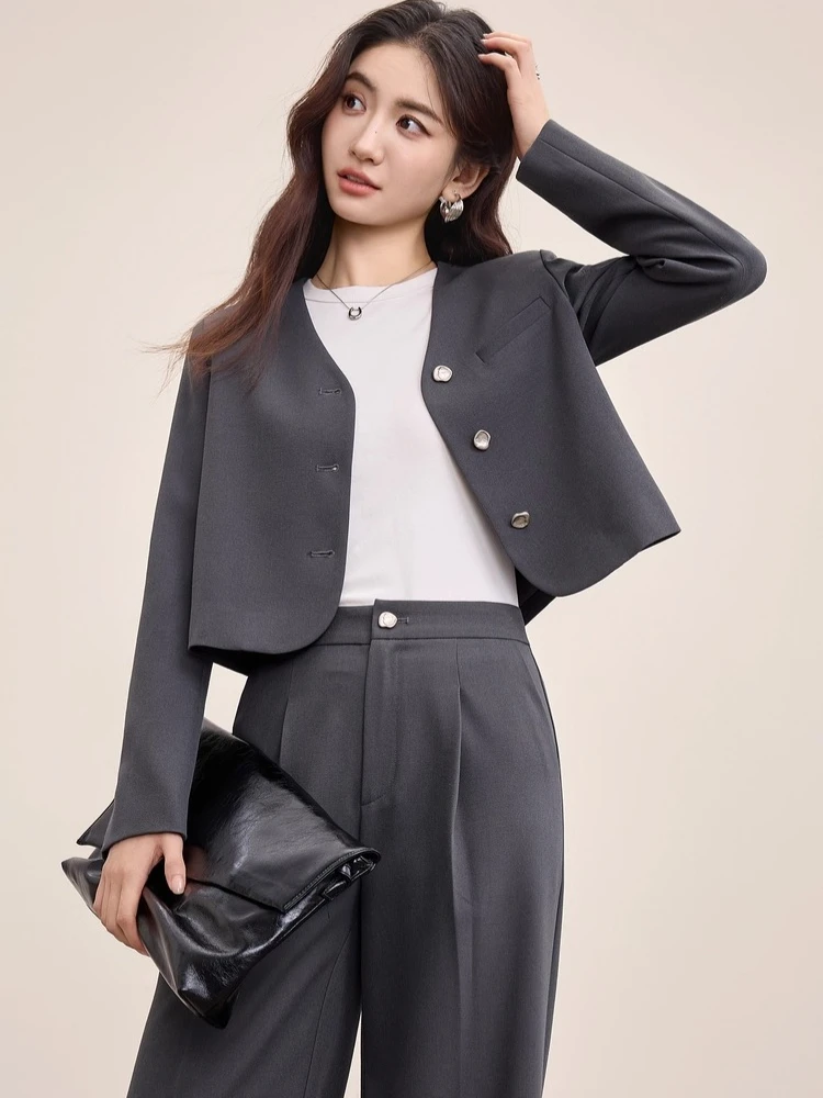 SENTUBILA Women's Gray Commuter Set 2025 Autumn Tailored V-neck Blazer With Shoulder Pads & Elastic Waist Trousers 153ZA2497 - Image 5