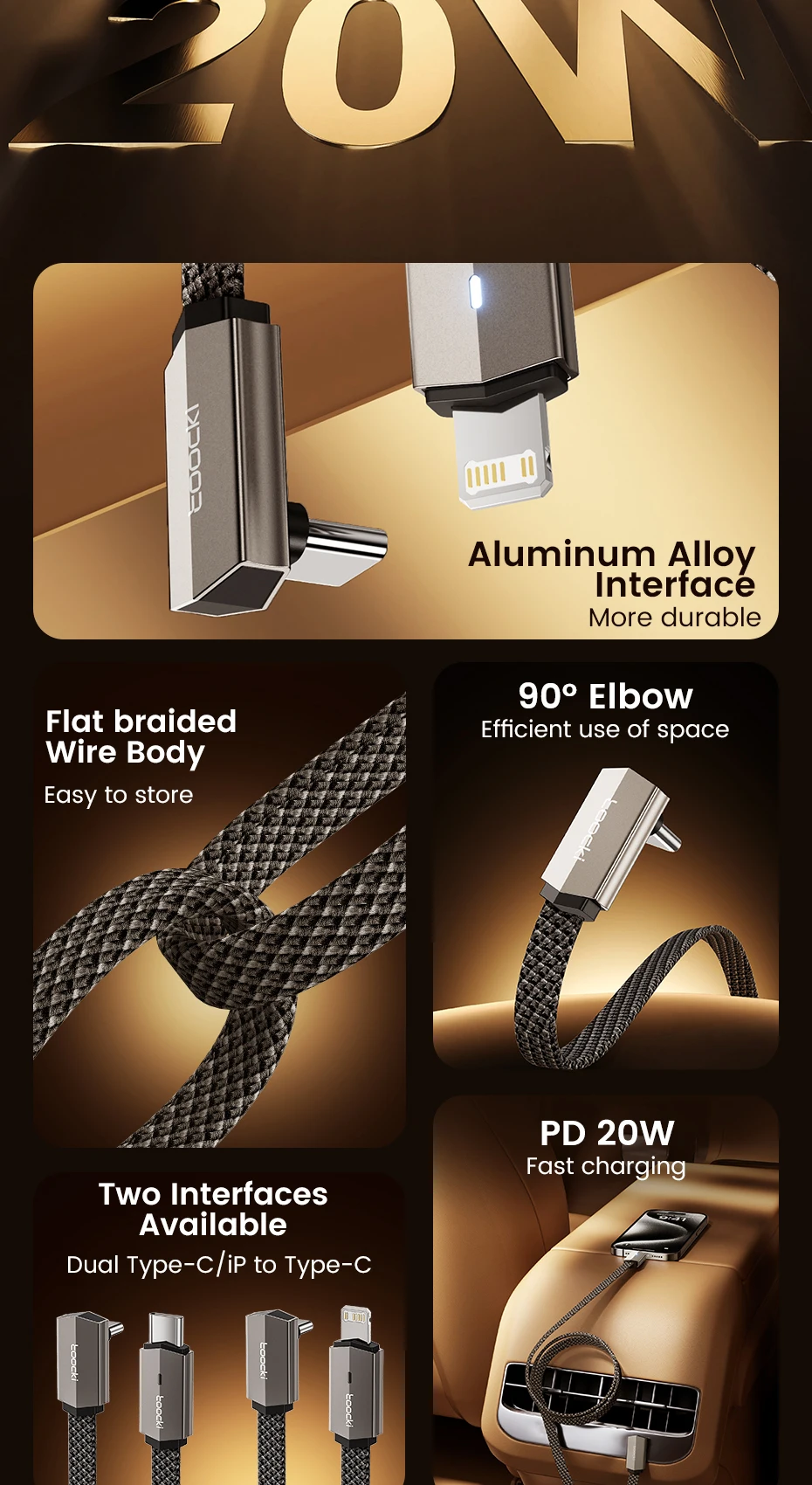 Toocki USB-C to Lightning 90° Charging Cable 20W with LED