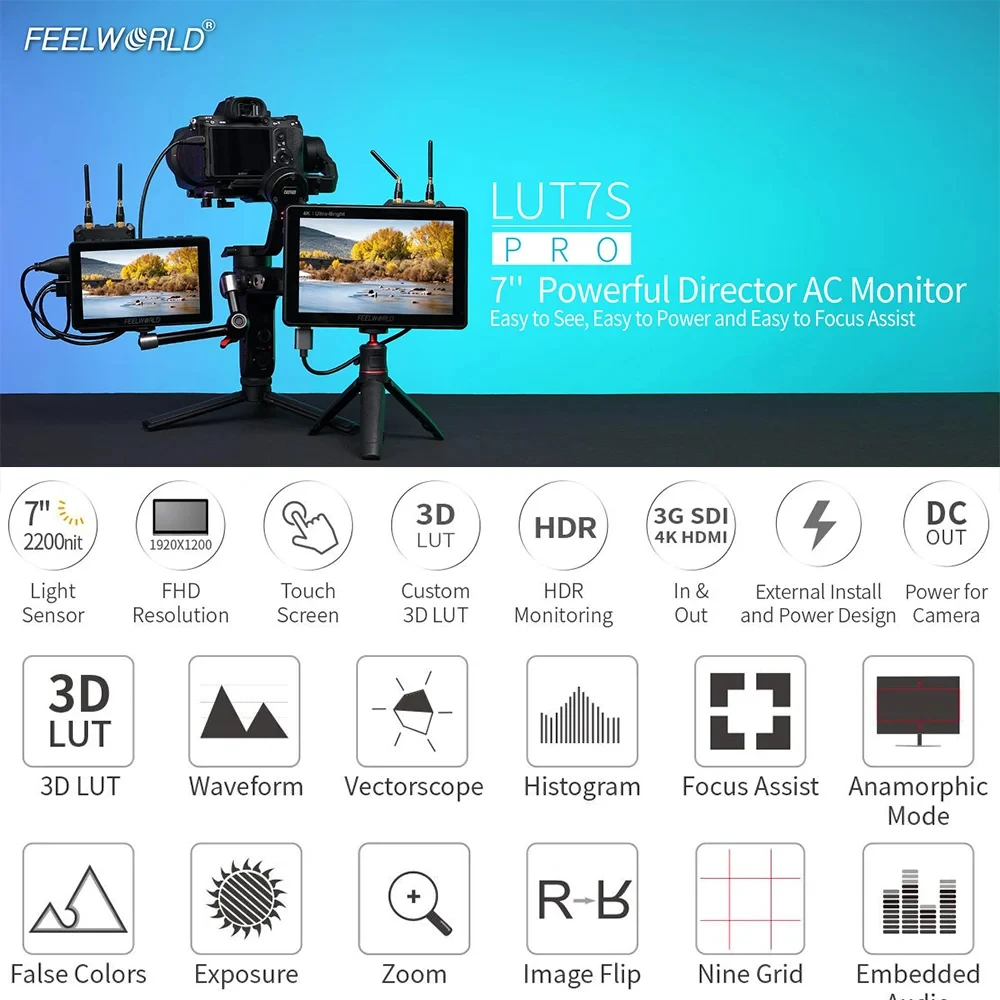Фото 7-дюймовый сенсорный экран FEELWORLD LUT7S PRO 2200nits, полевой монитор для камеры 3G SDI 3D LUT 4K HDMI DSLR монитор №2
