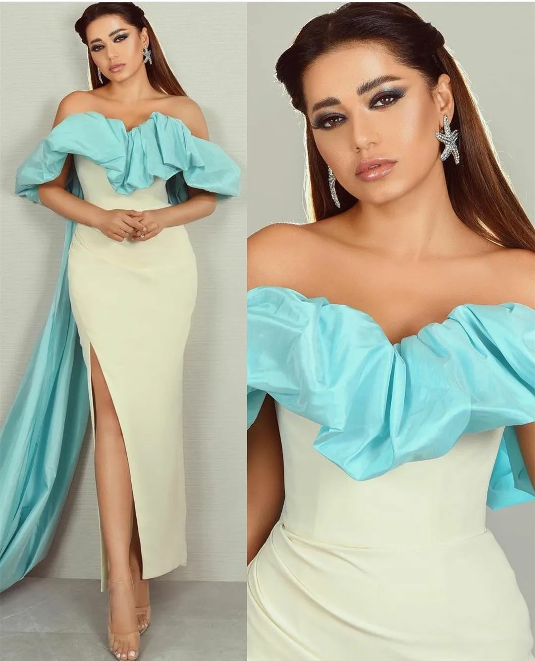 

Vintage Long Off Shoulder Taffeta Evening Dresses With Slit Mermaid Robes de soirée فستان المساء Formal Party Dress for Women