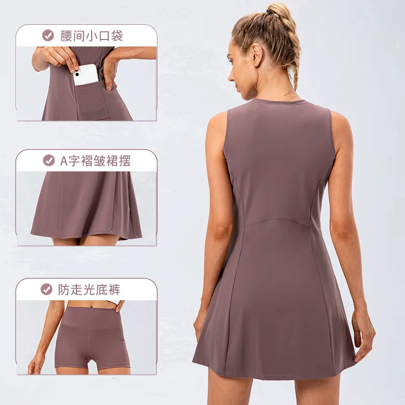Tennis Dress with Shorts One Piece Tennis Skirt Yoga Fitness Breathable Casual Golf Sports Skirt Two Piece Suit Yu12132