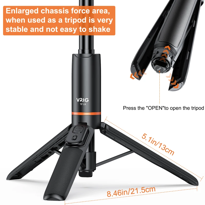 VRIG TP-19 확장 가능한 셀카 스틱 삼각대, 원격 셔터, 브이로그 셀카 라이브 스트리밍 그룹 사진용