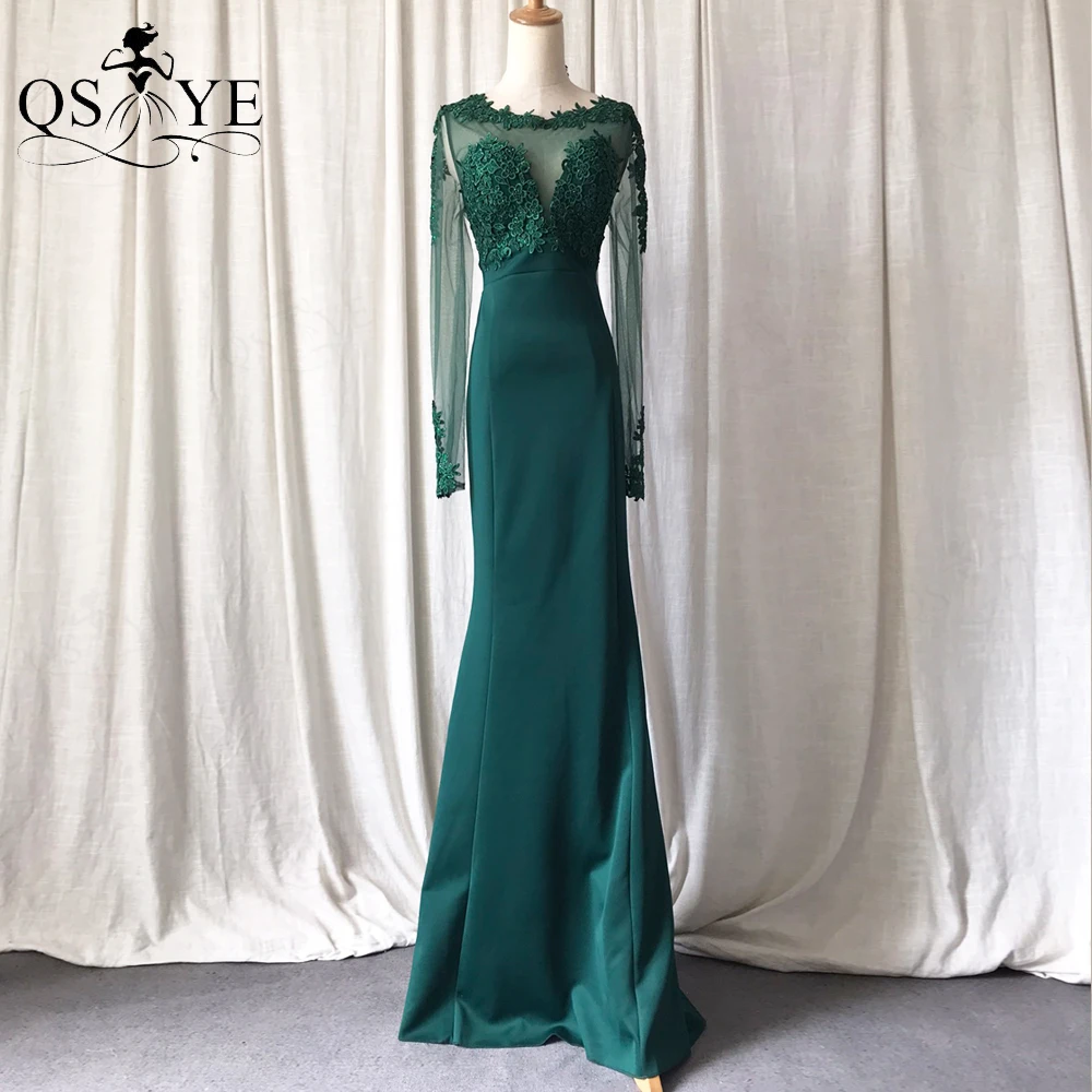 

Long Sleeves Green Lace Prom Dresses Mermaid Stretchy Satin Evening Gown Appliques Illusion Sheer BackFormal Party Emerald Dress